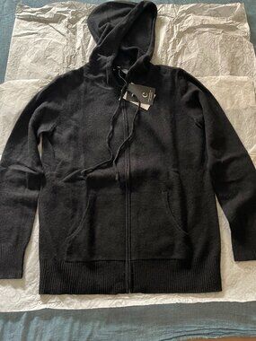 BEAUTIFUL 100% Cashmere Zip up Hoodie Women Small Black NWT